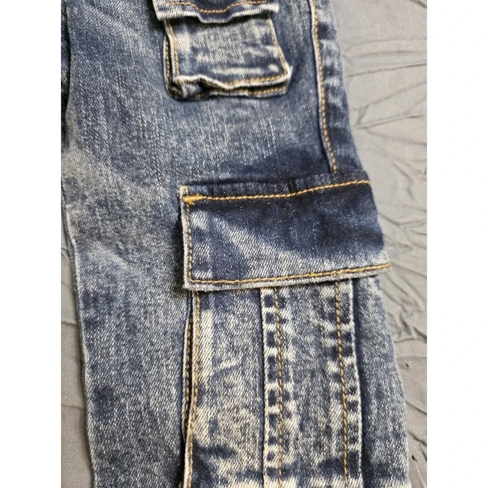Fashion Nova Kids Girls Cargo Flare Jeans Size 4 Blue Acid Wash Utility Pockets